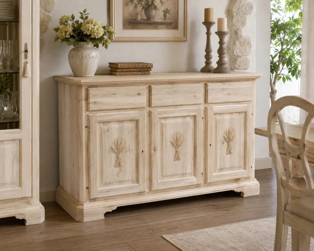 Madia credenza in legno grezza 3 ante con intarsio l.163 p.49 h.98 (2141) - Mobili 2G