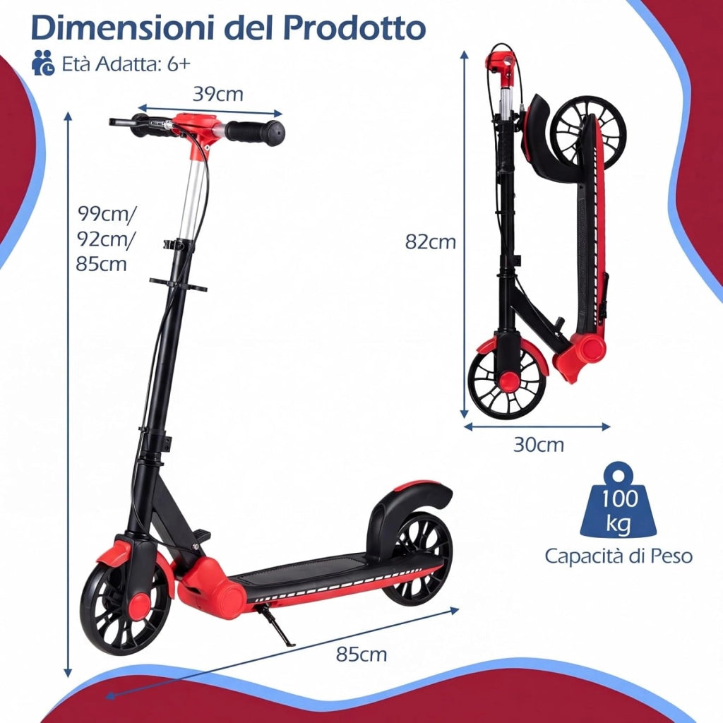 Monopattino Pieghevole con 2 Ruote Luminescenti, Manubrio Regolabile su 3 Altezze, Freno Posteriore, Cavalletto, Telaio in Alluminio Leggero e Pedana Antiscivolo, per Adulti e Bambini