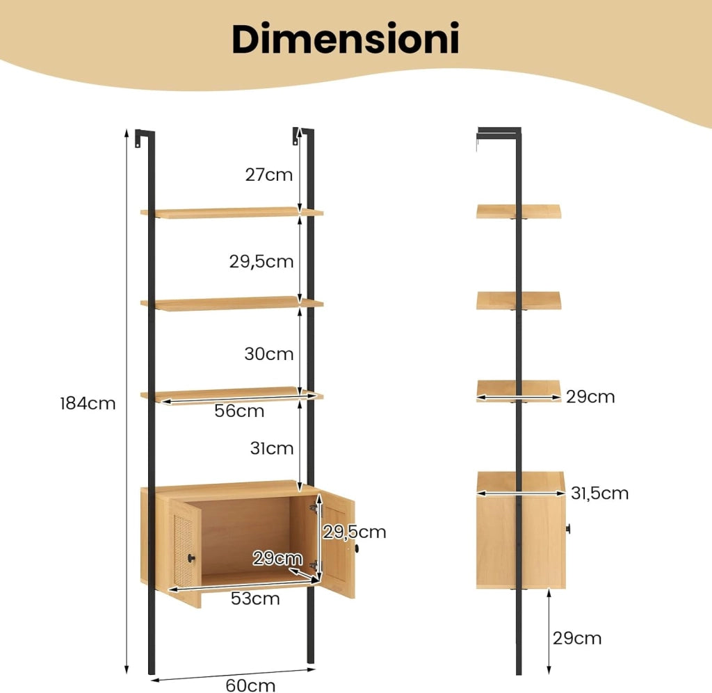 Libreria a Scala a 5 Ripiani con Armadio in Rattan, Scaffale da Parete con Struttura in Metallo, Organizzatore di Stoccaggio per Soggiorno Studio Ufficio, 60x31,5x184 cm