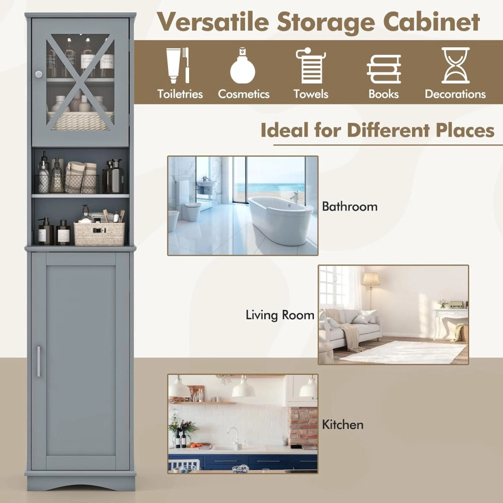 Armadietto da Bagno Slim con 2 Ante, Ripiano Regolabile e 2 Scomparti Aperti, Mobile Alto per Bagno e Soggiorno, Moderno，2 Colori