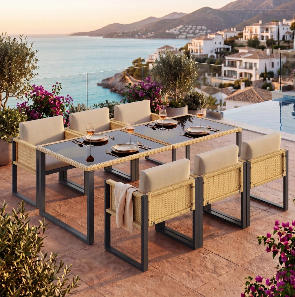 Set da pranzo da giardino in PE rattan con tavolo in vetro temperato e 6 sedie; nero e marrone
