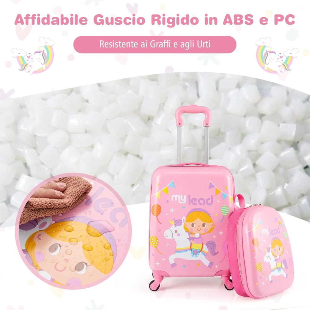 Set di 2 Valigia per Bambini, 17" Valigia+ 13" Zaino, con Ruote Girevoli a 360°, Maniglia Retrattile e Spallacci Regolabili, Ideale per Viaggiare in Modo Comodo e Divertente (Modello 3)