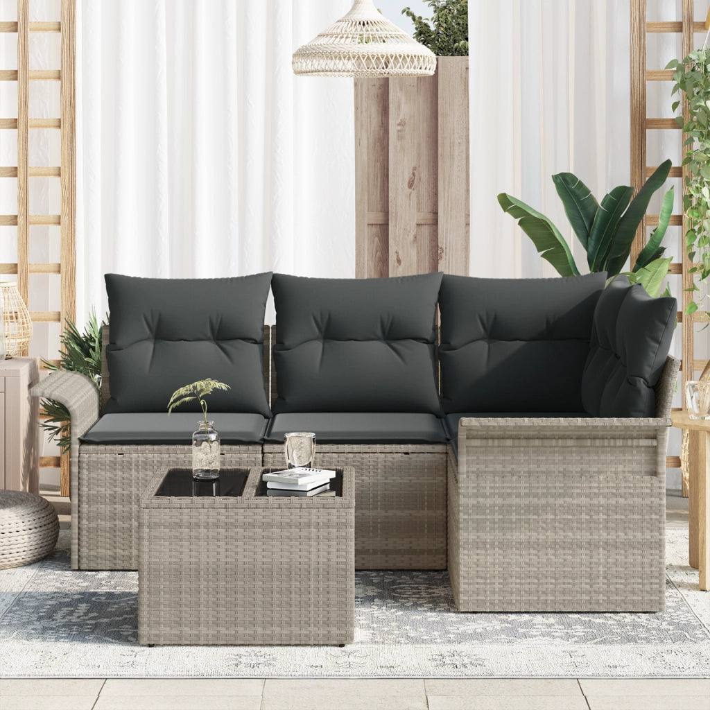 Set divani giardino  da 5 pezzi con cuscini in polyrattan grigio chiaro