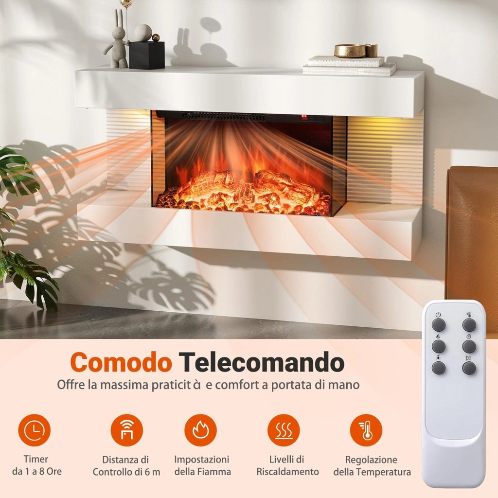 Camino Elettrico, 750W/1500W Caminetto con Luci LED, Telecomando, 12 Colori di Fiamma, Timer 8H Mensola Galleggiante e Protezione Surriscaldamento