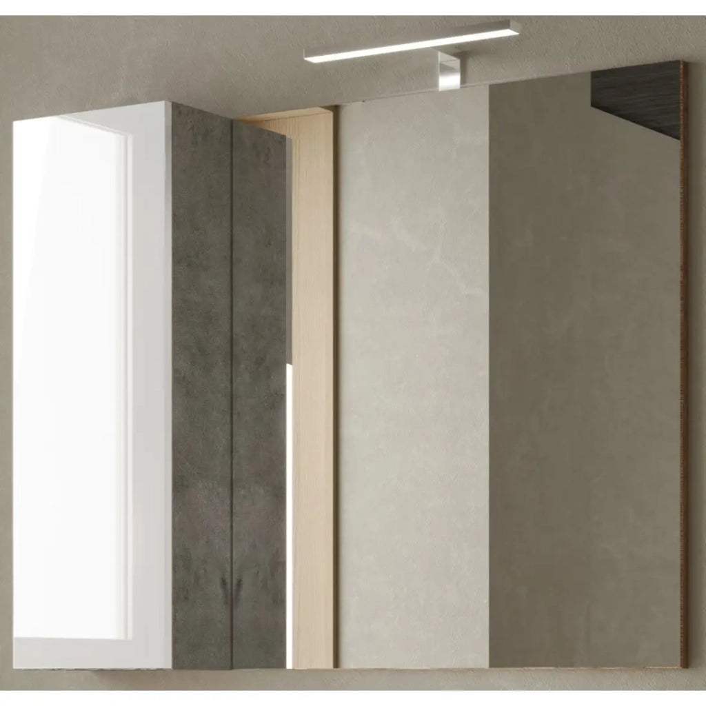 Specchio design con contenitore, 92x75 cm, collezione BURA, colori bianco lucido e cemento.