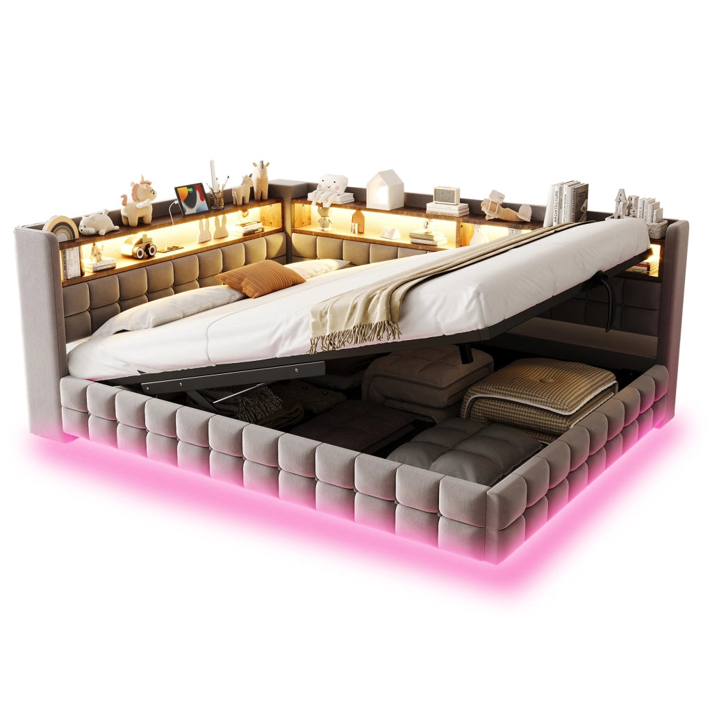 Divano letto imbottito 217x155.5x85 cm con vano contenitore; prese; LED; legno; grigio chiaro