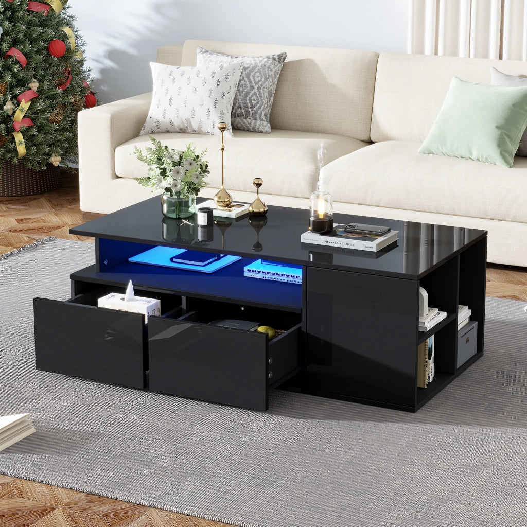 OKWISH Tavolino da Salotto con 2 Cassetti, 1 Vano Aperto e 3 Scomparti, LED, per Soggiorno, Pannello di Truciolato, 100 x 50 x 35 cm