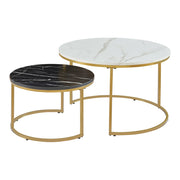 Set di 2 tavolini rotondi impilabili effetto marmo bianco nero e oro 03_0010597