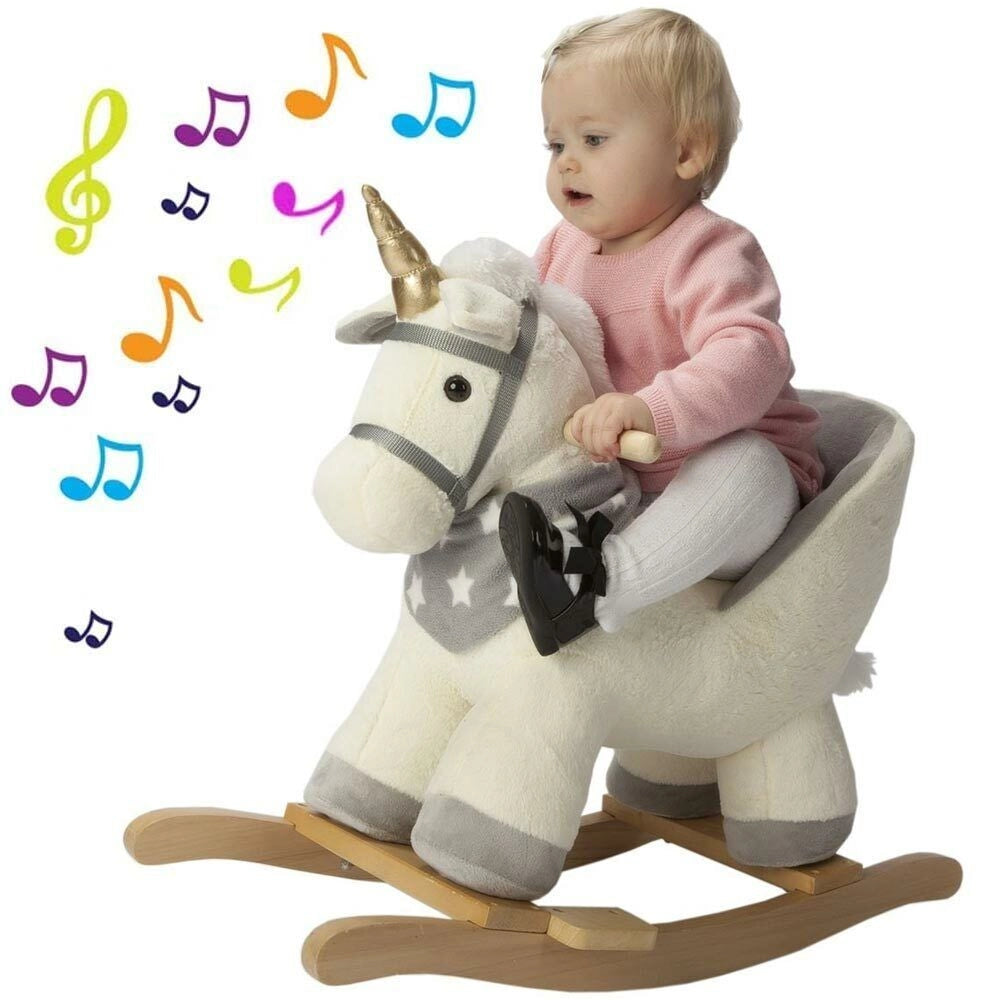 Unicorno Dondolo Cavalcabile Peluche Cavallo con Suoni Cintura Sicurezza Gioco Legno