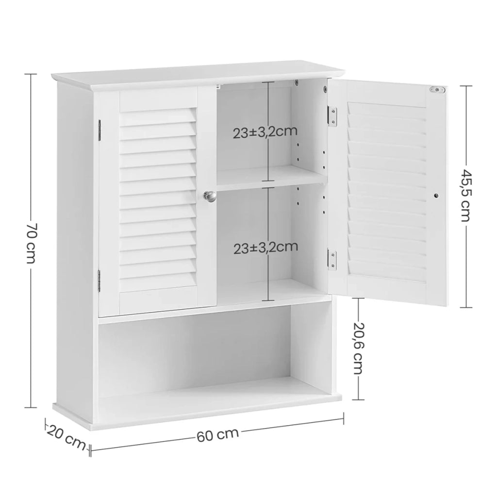 Mobiletto portaoggetti da bagno/armadietto portamedicinali a parete con ripiano regolabile doppia anta e ripiano aperto 60 x 20 x 70 cm finitura legno bianco 12_0006515