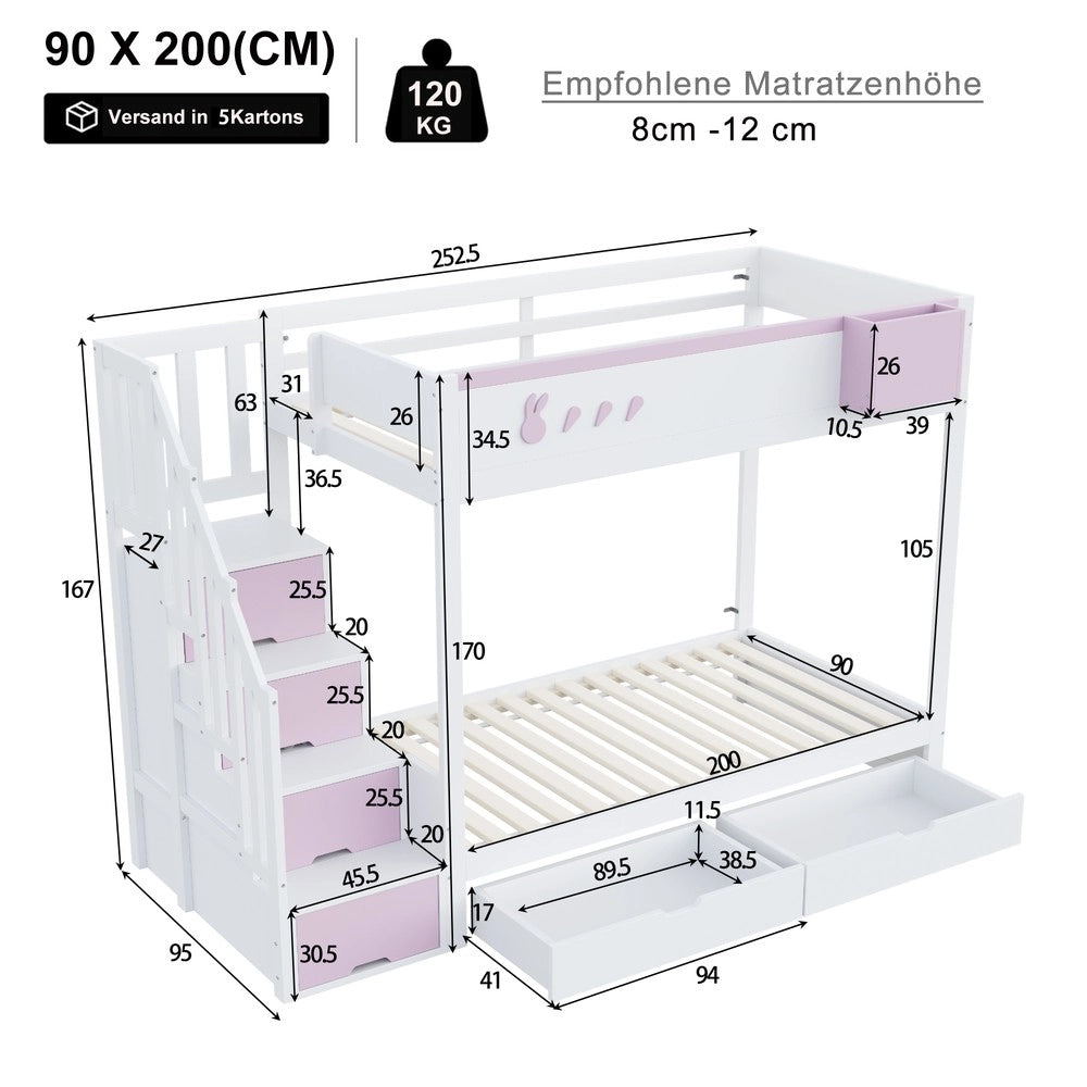 Letto a Castello Singolo con Cassetti e Doghe ¨C MINIMAL ¨C Bianco e Rosa, 90x200