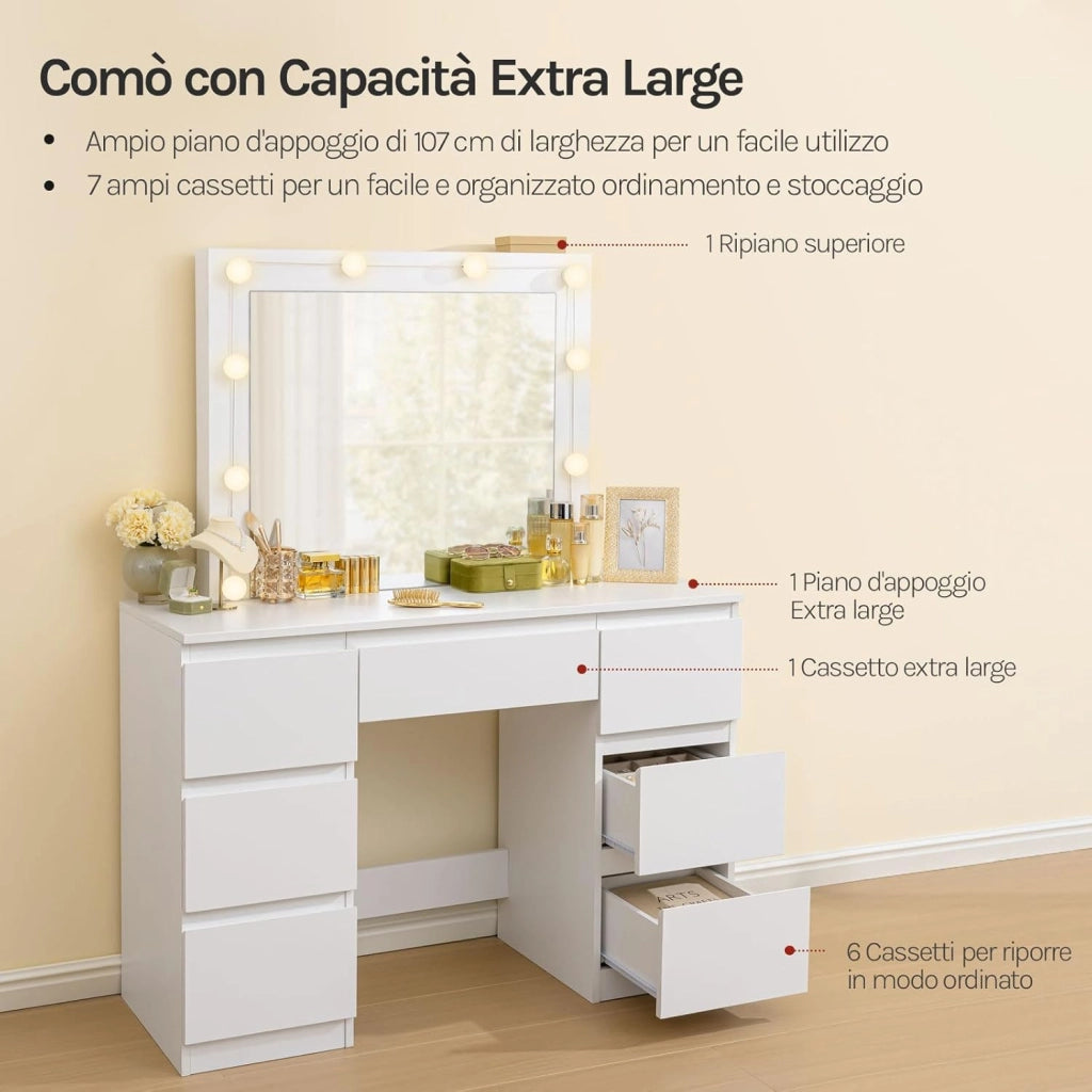 Toeletta da Trucco con Specchio, Sgabello e Luci LED, Luminosità Regolabile, Tavolo da Trucco con 7 Cassetti, Postazione Make Up 107x39,5x140,5cm, Cassettiera in Legno, Bianco