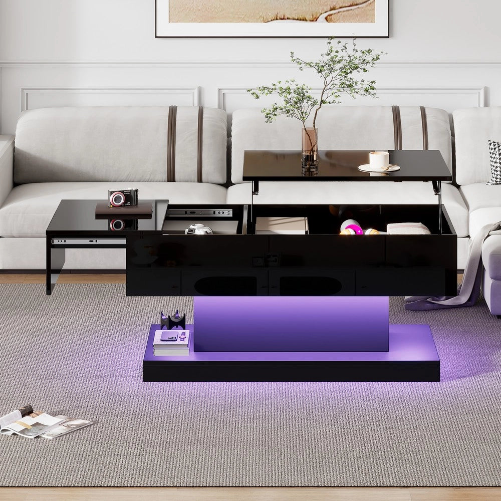 Tavolino da Caff¨¨ con LED e Piano Sollevabile ¨C Xylo ¨C Legno Lucido, 100x50x45 cm