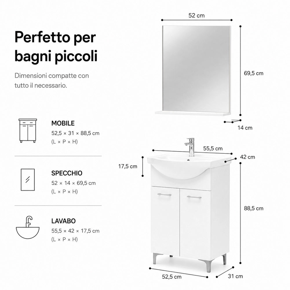 Set Completo Mobile da Bagno da Terra 55 cm Due Ante Bianco Specchio e Accessori