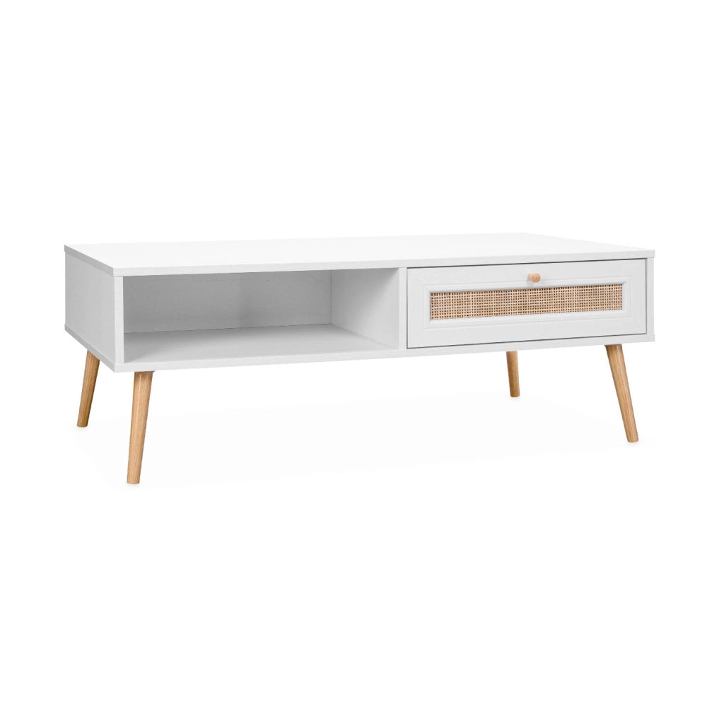 Tavolino scandinavo in vimini, 1 cassetto, bianco sporco