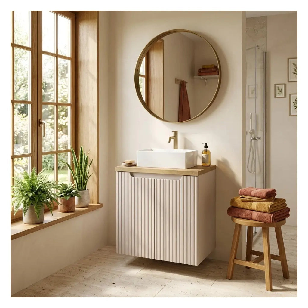 Set VANO cashmere e quercia 50cm: mobile sottolavabo con armadietti + piano per lavabo + lavabo da appoggio rettangolare
