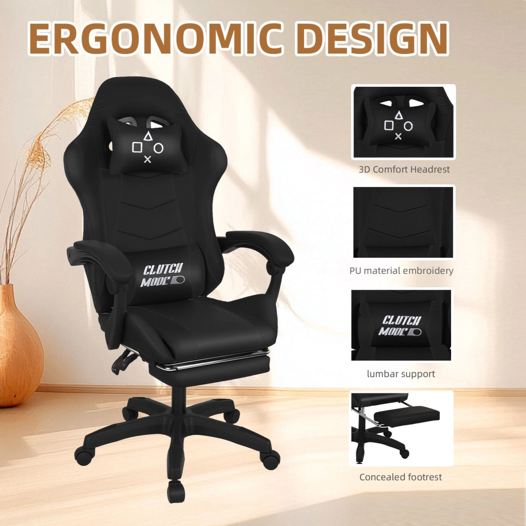 Clutch - Sedia da Gaming Ergonomica con Cuscino Lombare Poggiatesta e Poggiapiedi in PVC Nera