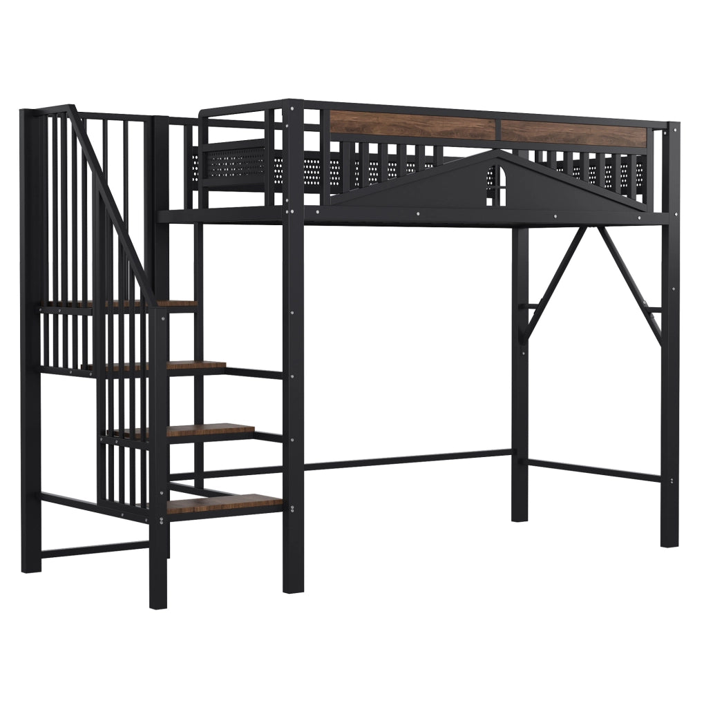 Letto a soppalco in metallo 90x200 cm con scala laterale e spazio contenitivo; nero