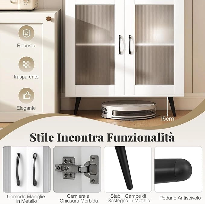 Credenza da Cucina Salvaspazio, Armadio Dispensa con 4 Ante Trasparenti, Ripiano Regolabile e Gambe in Metallo, Mobiletto Alto per Soggiorno e Sala da Pranzo, 80 x 40 x 178,5 cm (Bianco)