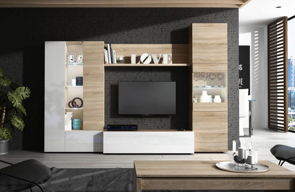 Mobile Soggiorno Angioletto, Parete Attrezzata 15 Ripiani, 260x42x185h cm Marrone Rovere