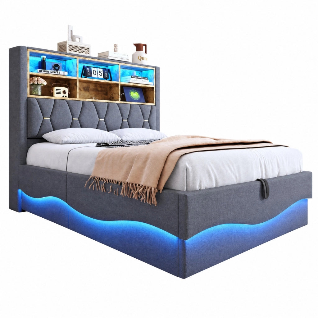 Letto matrimoniale 140x200 cm con contenitore; LED controllabile via app e USB; grigio