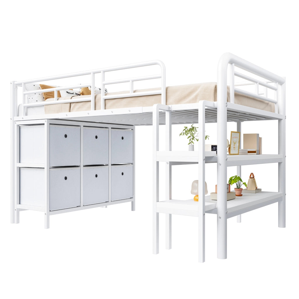 Letto a soppalco basso per bambini 90x200 cm in metallo e MDF, con scala larga, cassetti e ripiani, colore bianco