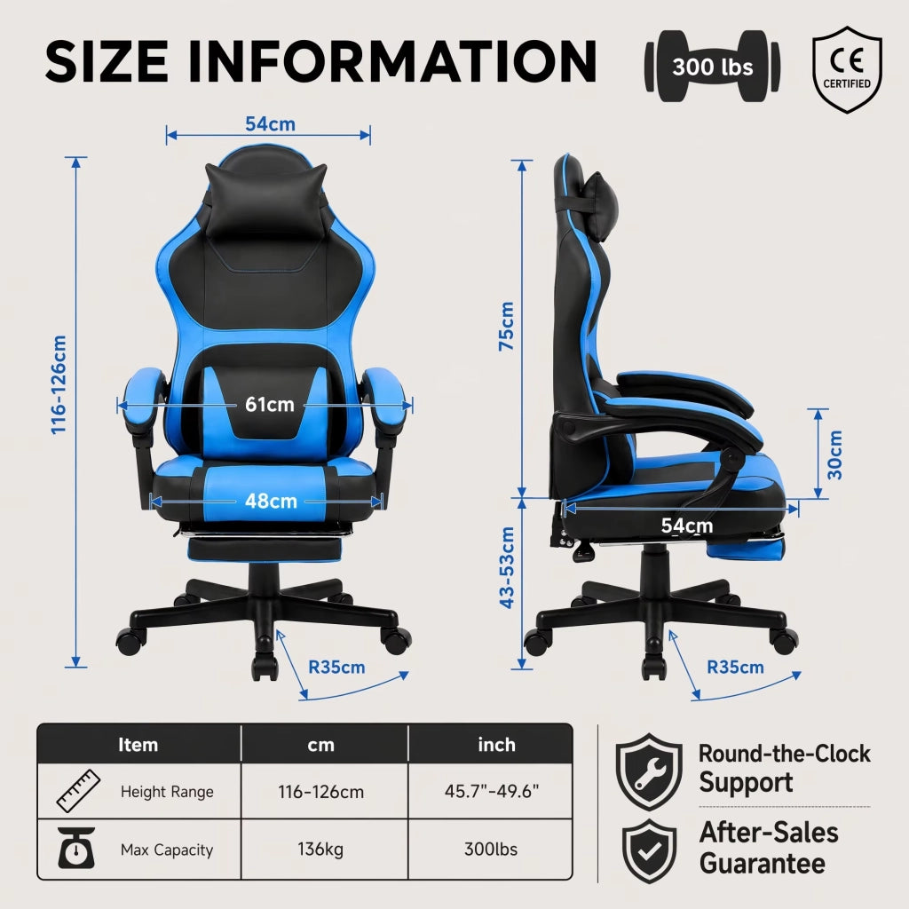 Chaise da ufficio gaming con tasca portaoggetti sul retro e cilindro pneumatico, in PVC nero e blu