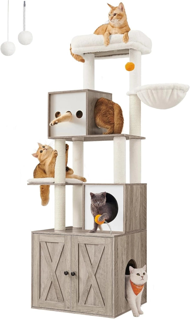 Feandrea Albero per Gatti Moderno, Tiragraffi con Mobile per Lettiera, 185 cm, Condominio per Gatti, Graffiatoi, Trespolo, Cuscini Lavabili, Greige PCT116G01