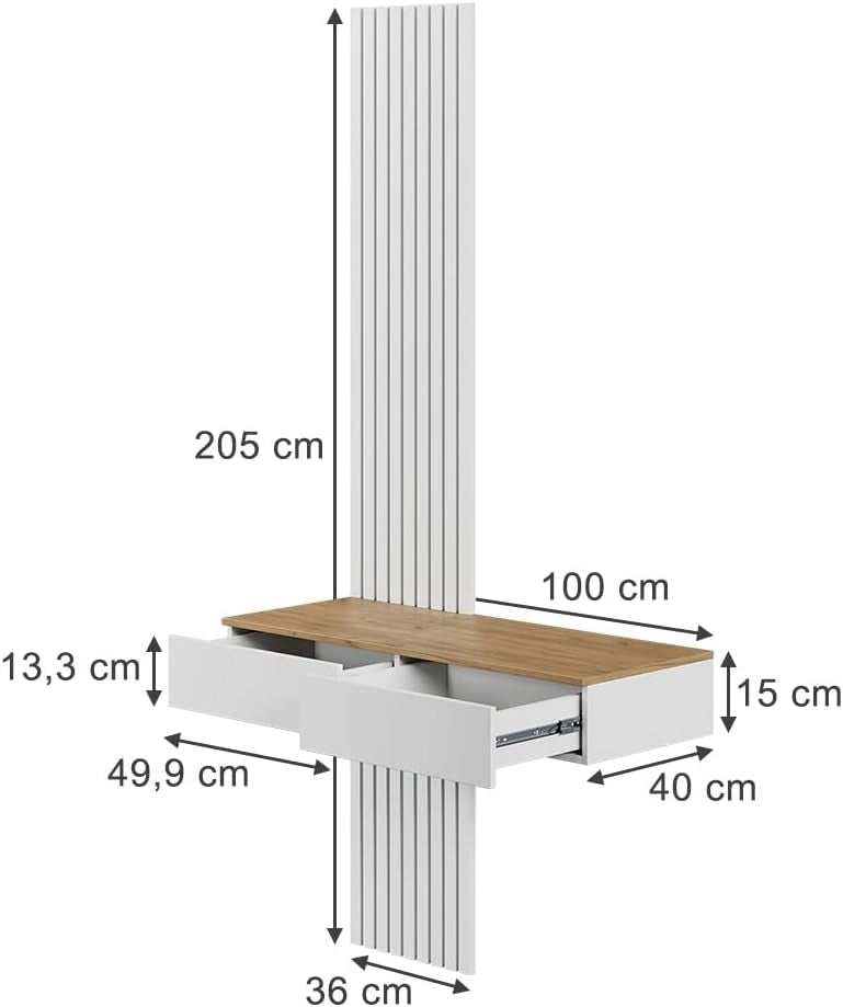 Tavolo da toeletta Melina, Bianco/quercia, 100 cm con 2 cassetti, Perfetto per una routine di bellezza organizzata