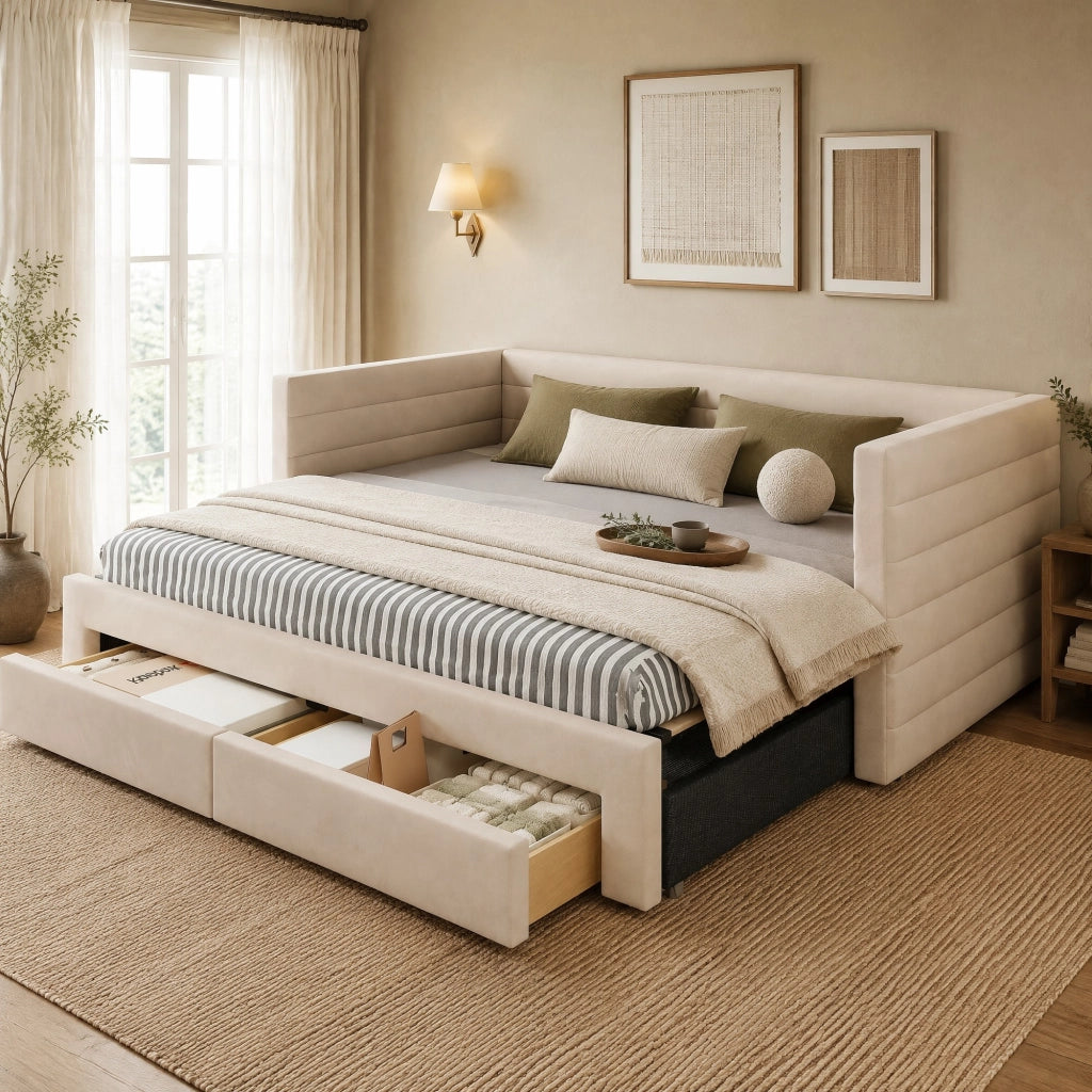 Divano letto imbottito estraibile 3 in 1 90x190 cm beige