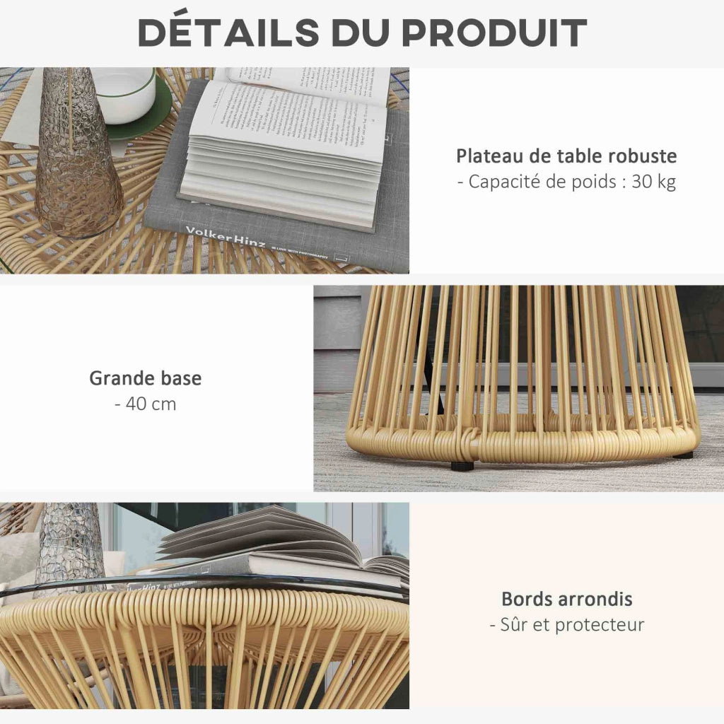 Tavolo da giardino rotondo in polyrattan con piano in vetro temperato ¨C zephmum ¨C beige, metallo, ?40x42 cm