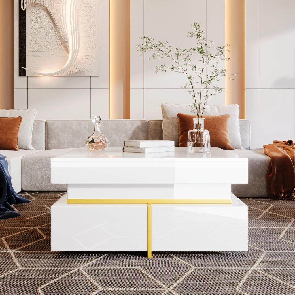 Tavolino da Salotto con 2 Cassetti e Dettagli Dorati; Finitura Lucida; Stile Moderno; in Pannello Truciolare; Bianco