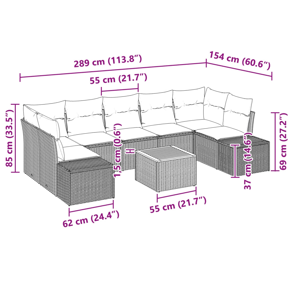 Set di Divani da Giardino 8 Pezzi con Cuscini Nero Rattan Sintetico Acacia