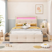 Letto imbottito matrimoniale 90x200 cm con LED e 2 cassetti; beige