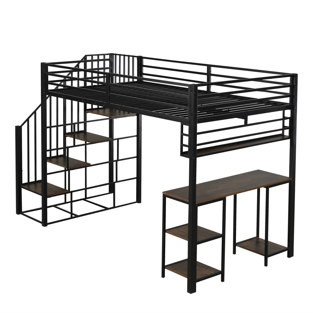 Letto a Soppalco 120x200 cm con Scrivania; Scala con Corrimano e Libreria - Nero