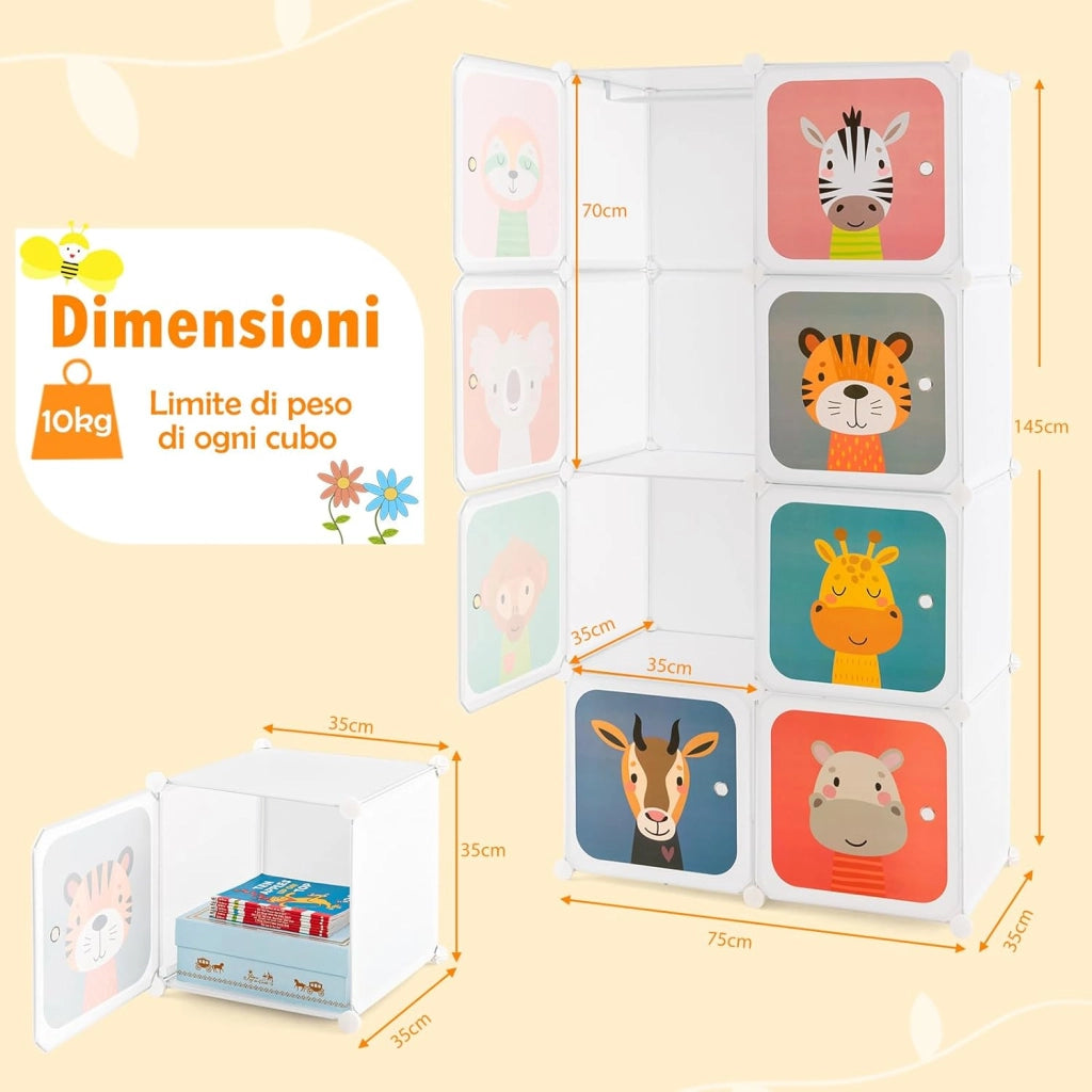 Guardaroba Portatile per Bambini, Armadio Guardaroba Modulare per Bambini con 8 Cubi, per Soggiorno, Camera da Letto, 75 x 35 x 145 cm