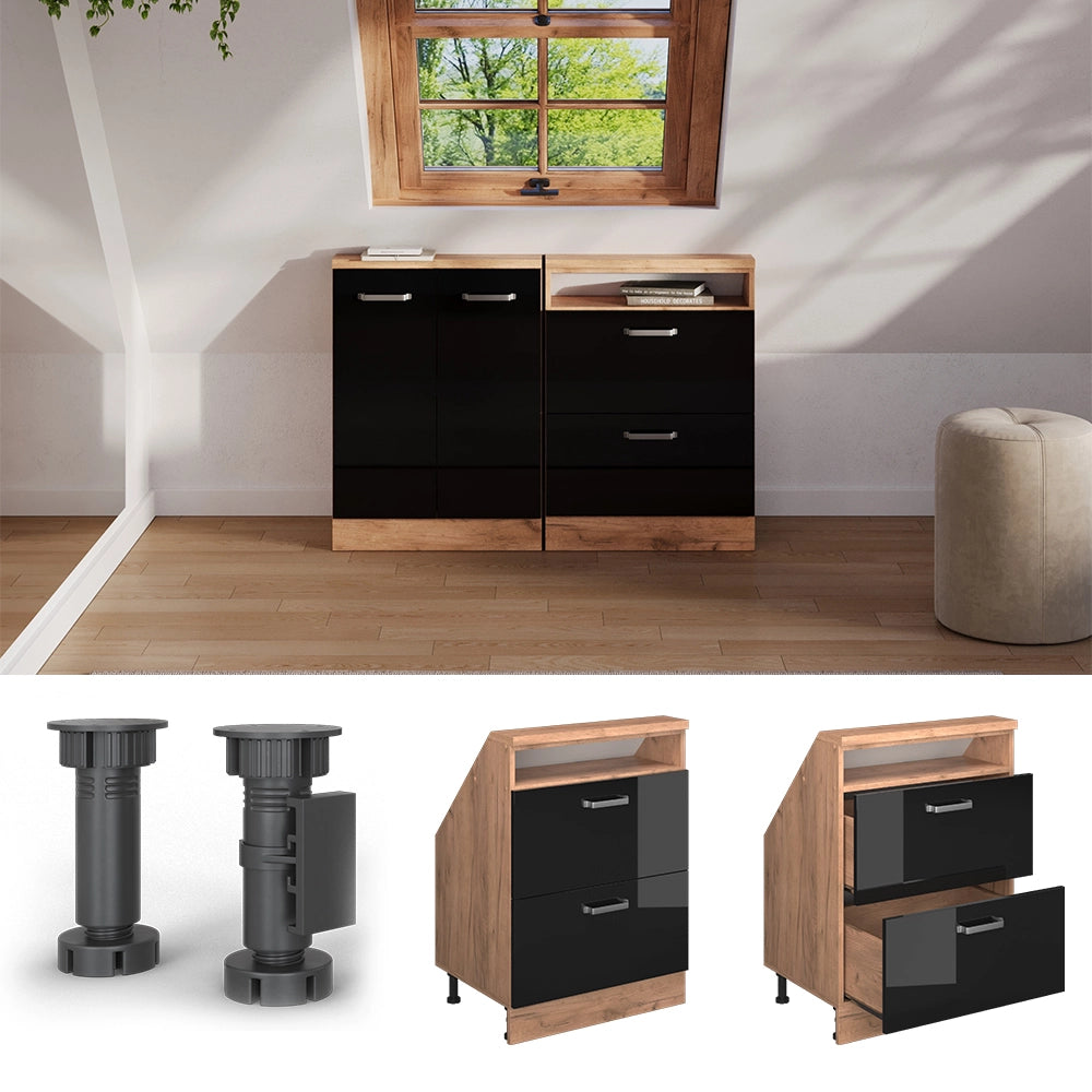 Mobile sottotetto Rion Nero lucido/Rovere dorato con 2 cassetti Vicco