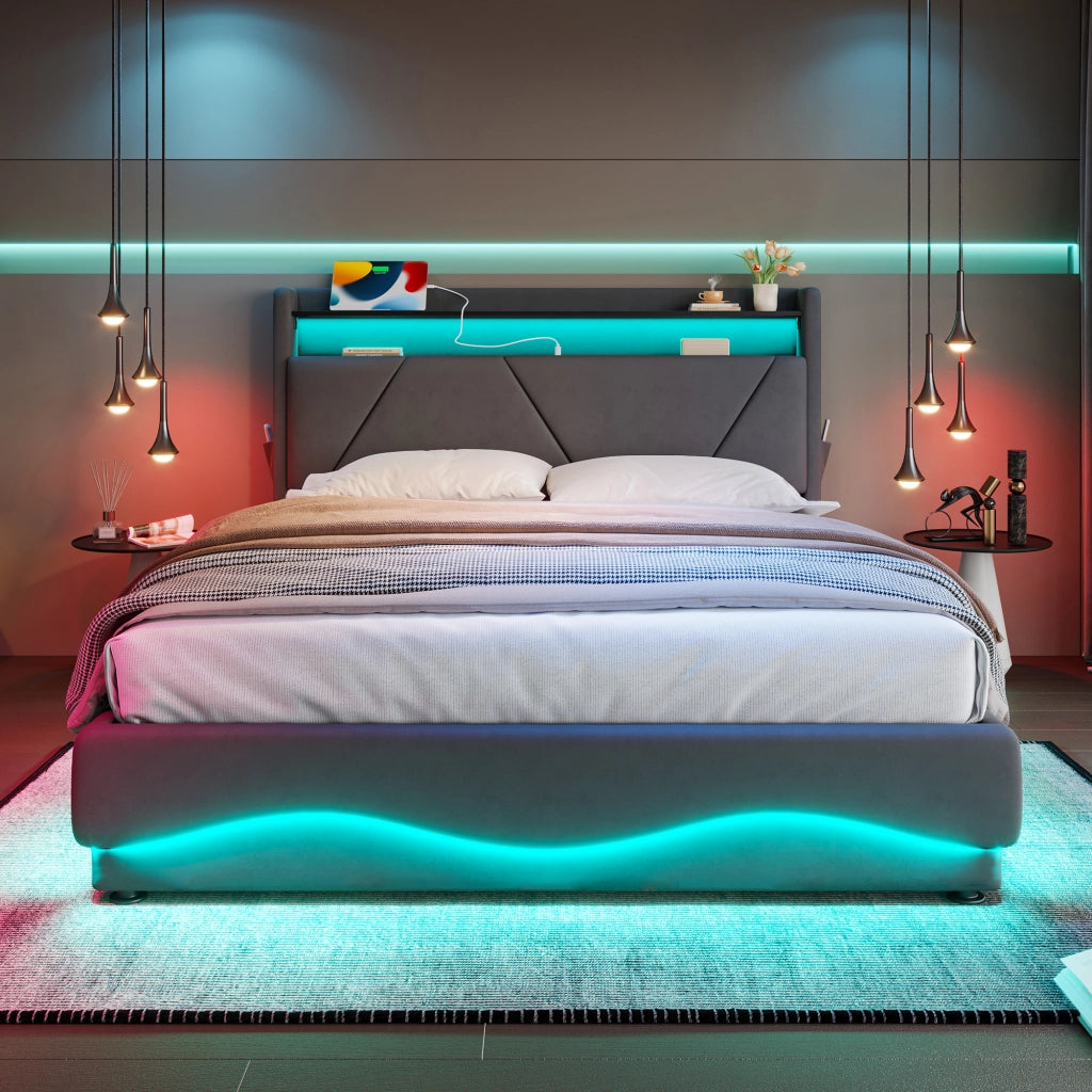 Letti contenitori 140x200 cm con ripiano; LED; velluto grigio (Senza materasso)