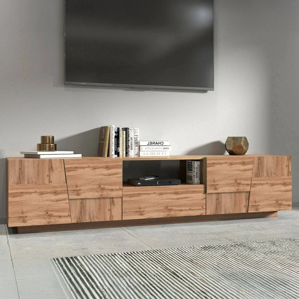 Mobile porta TV Maestrale, Credenza bassa da soggiorno con 4 ante e 1 cassetto, Base porta TV, 220x44h46 cm, Rovere