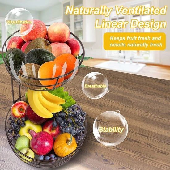 Fruitiera a 2 piani con contenitore per banane, ciotola per frutta, contenitore per verdure, in metallo, conservazione quotidiana in cucina, fruitiera, supporto per frutta, bronzo