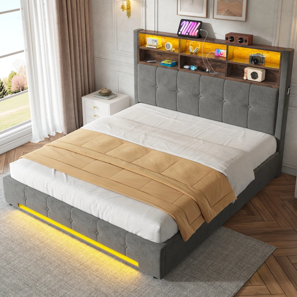 Letto imbottito 160x200 cm idraulico con LED USB e velluto grigio scuro