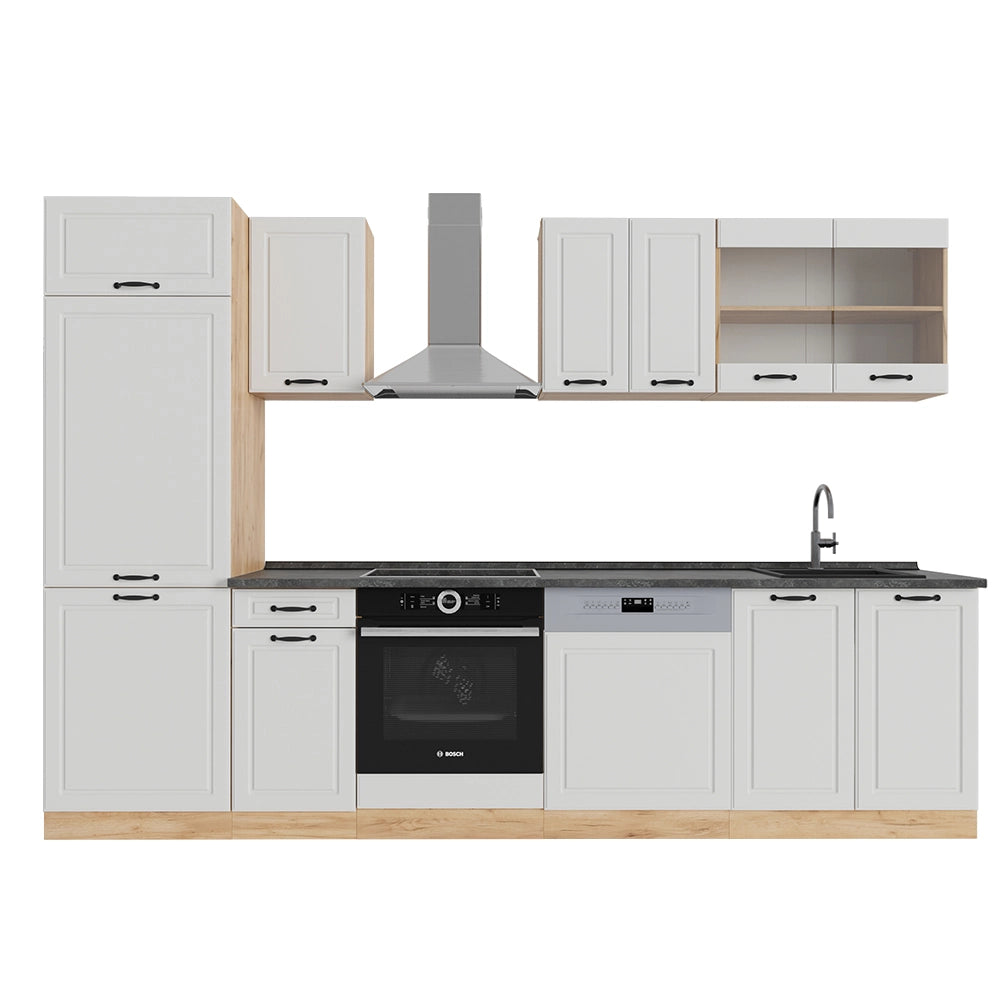 Vicco Cucina componibile Casa di campagna bianca/quercia dorata 300 cm senza piano di lavoro
