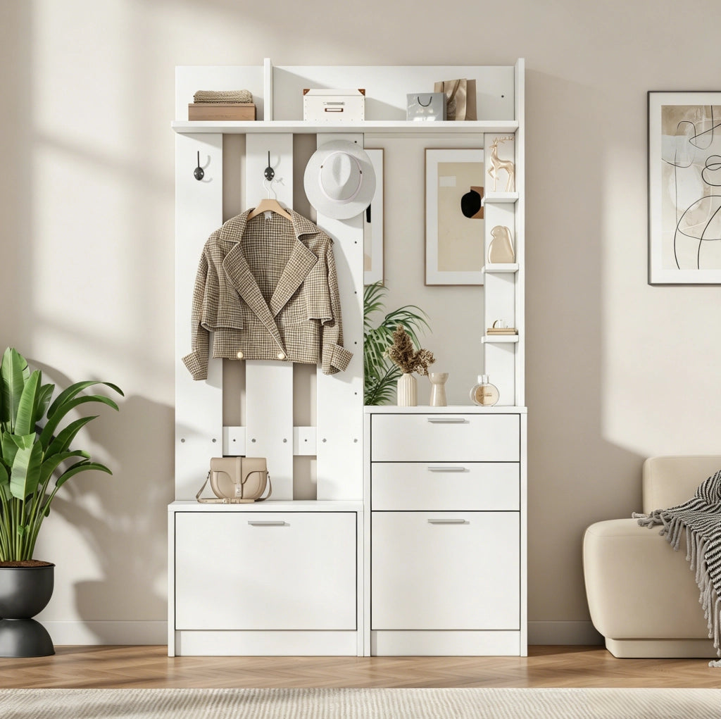 Mobile ingresso con specchio 110x34x185 cm; 2 scarpiere e 2 cassetti bianco HOMVRA