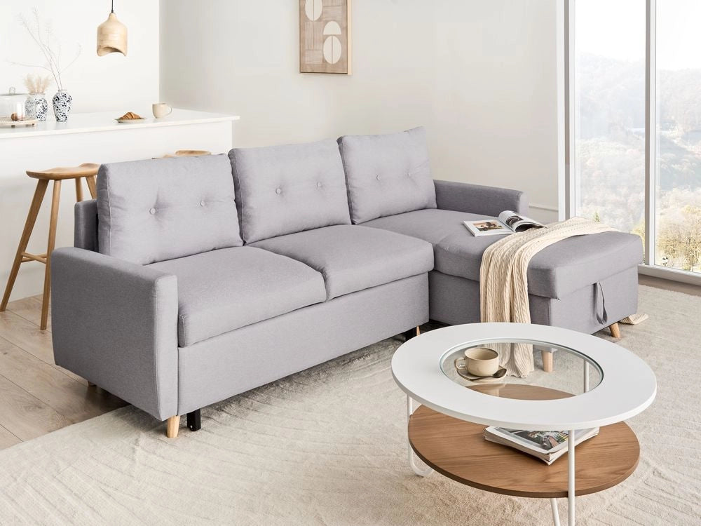 Divano letto angolare in tessuto grigio chiaro 4 posti contenitore a forma di L Orientamento a versione sinistra