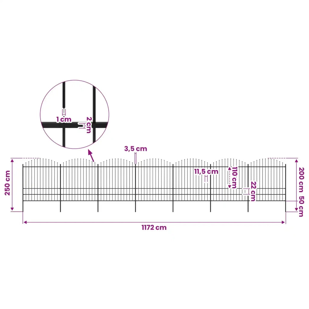 Recinzione da Giardino con Punta a Lancia in Acciaio 1172x200 cm Nero 277754