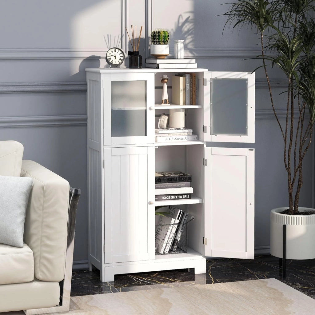Armadietto da bagno, 60 x 30 x 109 cm, armadietto da bagno con 4 ante e ripiano regolabile, per bagno, cucina e soggiorno (bianco, modello A)