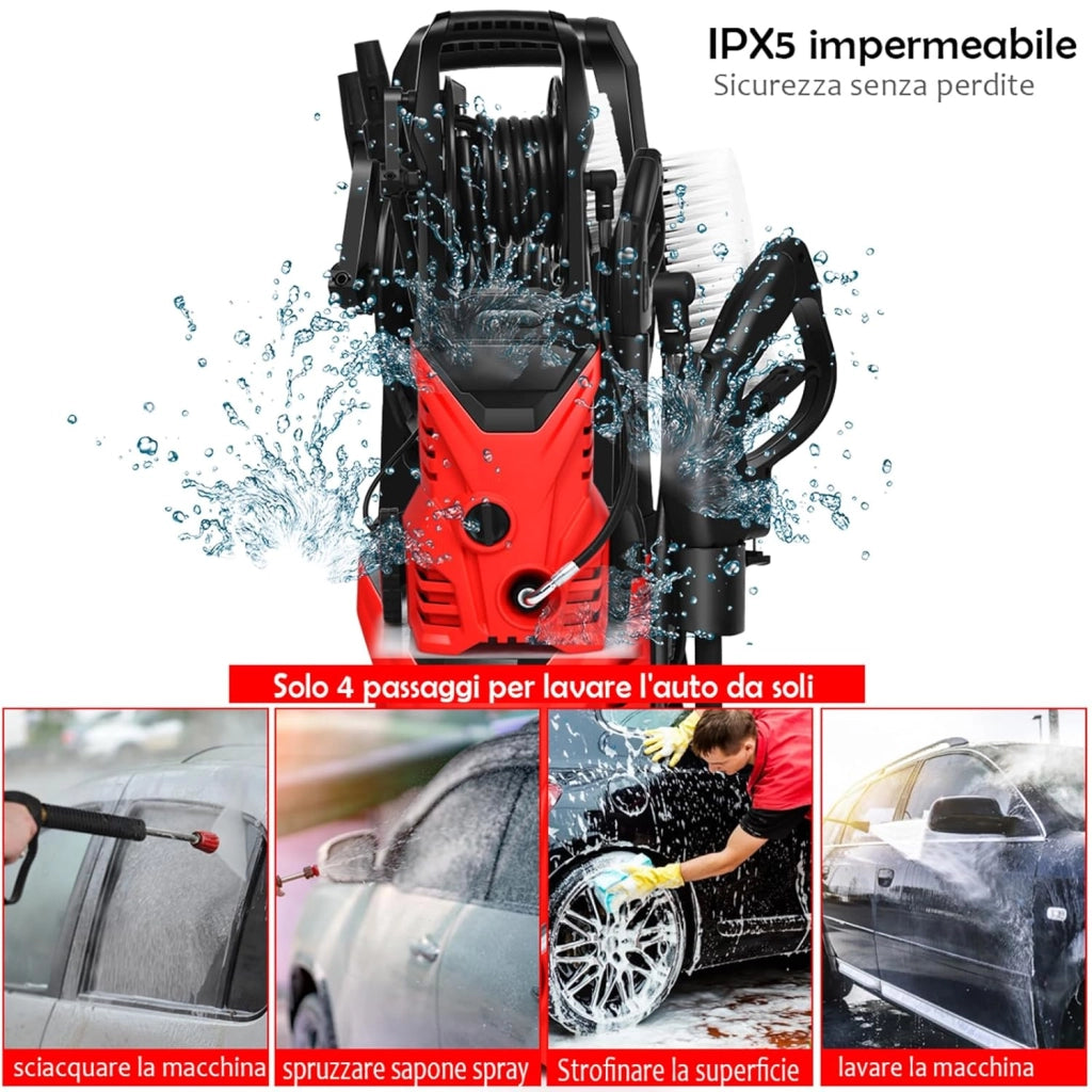 Idropulitrice con 2030 PSI, 5L / Min Idropulitrice Portatile con Ugello Lotus e Ugello ad Alta Pressione, Cavi e Tubi Più lunghi, Adatto per La pulizia di Giardini, Auto,Case (rosso)