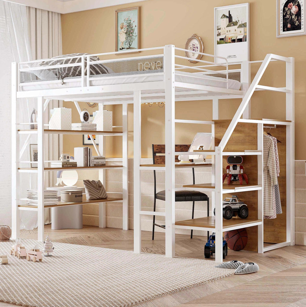 Letto a soppalco modulare 140 x 200 cm con scrivania e armadio