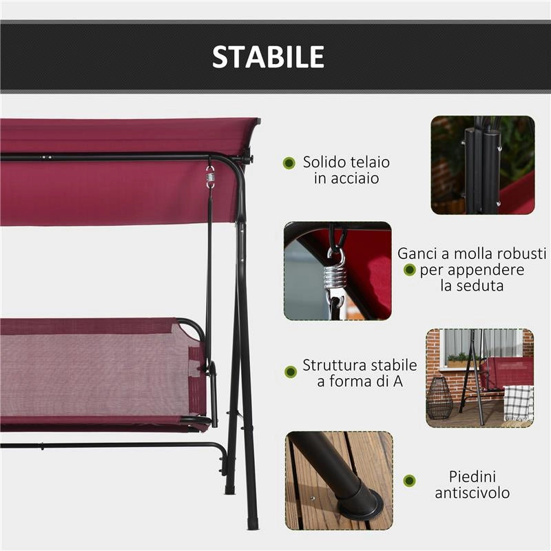 DONDOLO DA GIARDINO 3 POSTI IN ACCIAIO CON TETTO PARASOLE IN POLIESTERE 172X110X153 CM ROSSO E NERO
