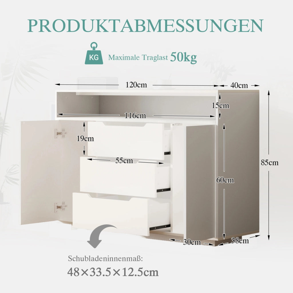 Madia bianca 120x40x85 cm con ripiano aperto; 3 cassetti; ante e luce LED